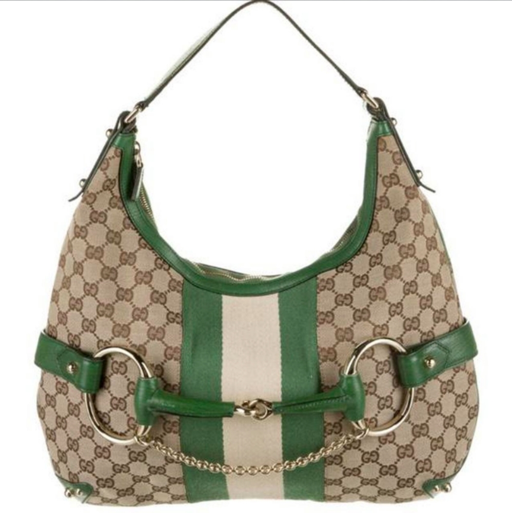 💚 Gucci: Horsebit Chain Studded Web Monogram Hobo Shoulder Bag - Picture 6 of 17